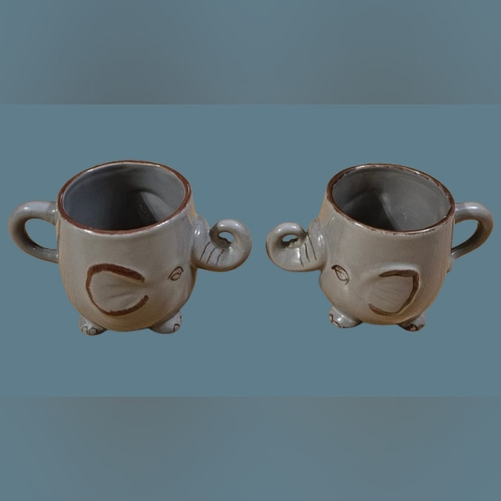 World Market Set of 2 Gray Textured 3D Hand Painted Ceramic Elephant Mugs - Picture 2 of 5